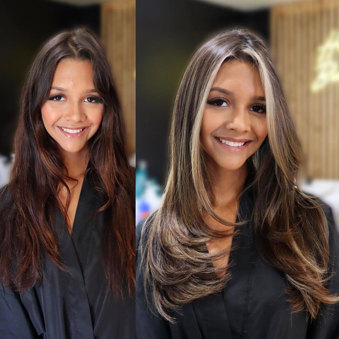 Dark chocolate hair with face framing highlights